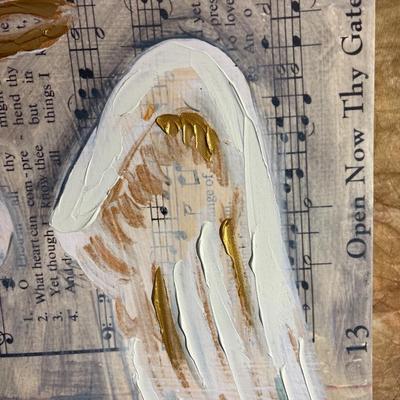 Sale Photo Thumbnail #293: Dorothy Collier inspired art on canvas, depicting, angel, wings, and sheet music.  This piece measures square at 18 inches