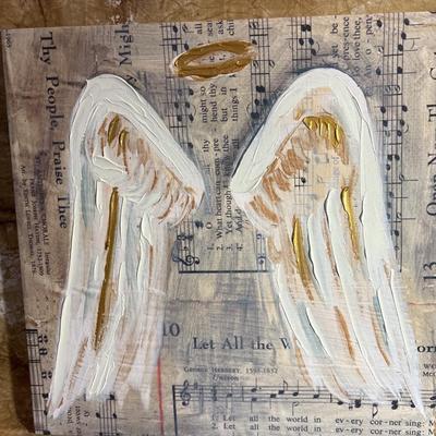 Sale Photo Thumbnail #292: Dorothy Collier inspired art on canvas, depicting, angel, wings, and sheet music.  This piece measures square at 18 inches