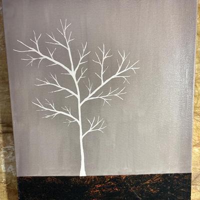 Sale Photo Thumbnail #296: Canvas art display a single tree leafless and underground roots. Piece measures 18” x 24”