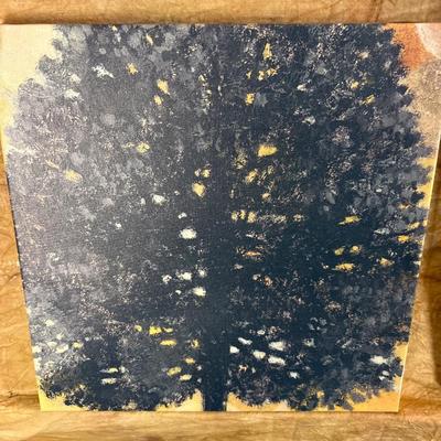 Sale Photo Thumbnail #303: Background of yellow with tree theme on this five piece set of canvas art.  Small pieces are 11.75 square., Larger 11.5” x 24”