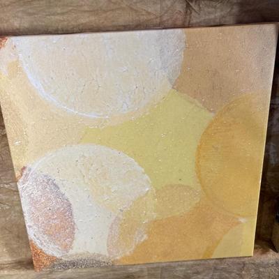 Sale Photo Thumbnail #302: Background of yellow with tree theme on this five piece set of canvas art.  Small pieces are 11.75 square., Larger 11.5” x 24”