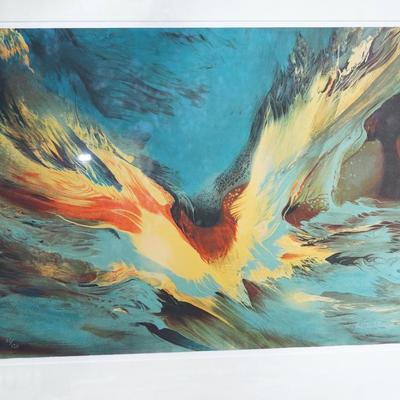 Sale Photo Thumbnail #274: original numbered lithograph by Leonardo Nierman. 
Abstract 1970's
signed in white paint lower right and numbered lower left 
the matt and litho are very good. wood frame has scratches and nicks but could be finished with touch up.
The lithograph measures