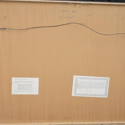 Sale Photo Thumbnail #279: original numbered lithograph by Leonardo Nierman. 
Abstract 1970's
signed in white paint lower right and numbered lower left 
the matt and litho are very good. wood frame has scratches and nicks but could be finished with touch up.
The lithograph measures