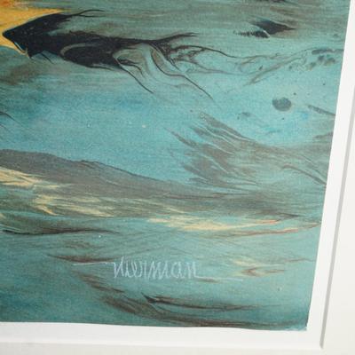 Sale Photo Thumbnail #275: original numbered lithograph by Leonardo Nierman. 
Abstract 1970's
signed in white paint lower right and numbered lower left 
the matt and litho are very good. wood frame has scratches and nicks but could be finished with touch up.
The lithograph measures