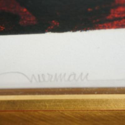 Sale Photo Thumbnail #283: this is a seriograph entitiled Poems of Fire. Eclipse. estimated time of creation 1970's
the piece is pencil signed lower right and AP for artist proof in the lower left. 
Framed in a wood gold painted frame. 
Measures: 35 1/2" by 29" 
the white border is