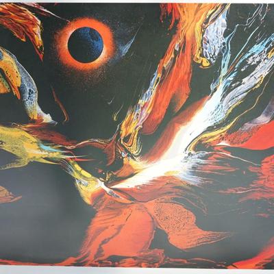 Sale Photo Thumbnail #281: this is a seriograph entitiled Poems of Fire. Eclipse. estimated time of creation 1970's
the piece is pencil signed lower right and AP for artist proof in the lower left. 
Framed in a wood gold painted frame. 
Measures: 35 1/2" by 29" 
the white border is