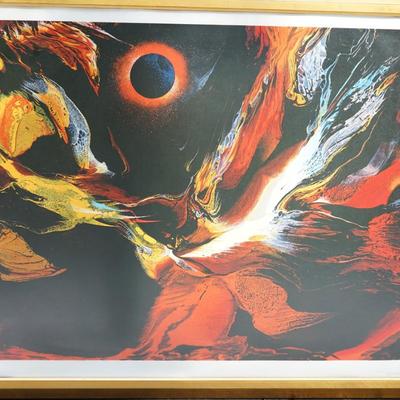 Sale Photo Thumbnail #280: this is a seriograph entitiled Poems of Fire. Eclipse. estimated time of creation 1970's
the piece is pencil signed lower right and AP for artist proof in the lower left. 
Framed in a wood gold painted frame. 
Measures: 35 1/2" by 29" 
the white border is