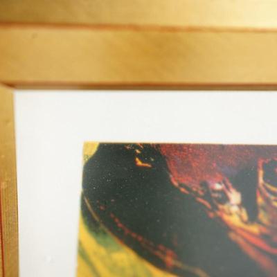 Sale Photo Thumbnail #282: this is a seriograph entitiled Poems of Fire. Eclipse. estimated time of creation 1970's
the piece is pencil signed lower right and AP for artist proof in the lower left. 
Framed in a wood gold painted frame. 
Measures: 35 1/2" by 29" 
the white border is