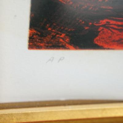Sale Photo Thumbnail #284: this is a seriograph entitiled Poems of Fire. Eclipse. estimated time of creation 1970's
the piece is pencil signed lower right and AP for artist proof in the lower left. 
Framed in a wood gold painted frame. 
Measures: 35 1/2" by 29" 
the white border is