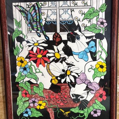 Sale Photo Thumbnail #392: Fun framed crayon artwork with cat chasing butterfly. Frame measures 17 1/2“ x 21 1/2“.