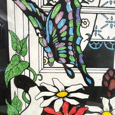 Sale Photo Thumbnail #394: Fun framed crayon artwork with cat chasing butterfly. Frame measures 17 1/2“ x 21 1/2“.