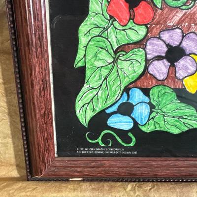 Sale Photo Thumbnail #395: Fun framed crayon artwork with cat chasing butterfly. Frame measures 17 1/2“ x 21 1/2“.