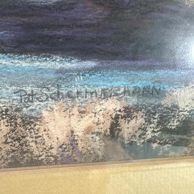 Sale Photo Thumbnail #410: Appears to be original art by Pat Schermerhorn. Uniquely framed in rough wood, and barbwire, very fitting for the art itself! Frame measures 24“ x 19.5“.