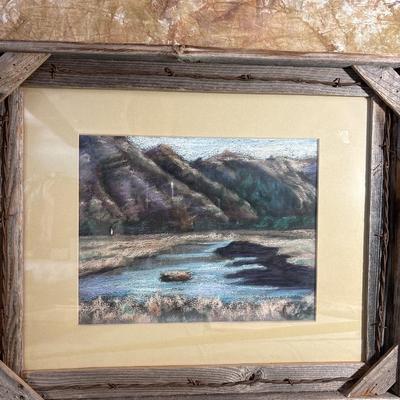 Sale Photo Thumbnail #408: Appears to be original art by Pat Schermerhorn. Uniquely framed in rough wood, and barbwire, very fitting for the art itself! Frame measures 24“ x 19.5“.