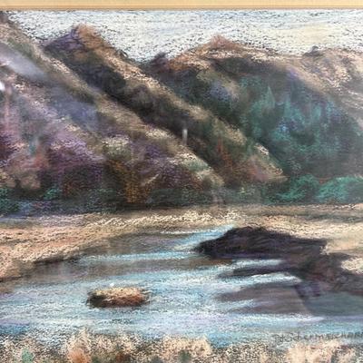 Sale Photo Thumbnail #411: Appears to be original art by Pat Schermerhorn. Uniquely framed in rough wood, and barbwire, very fitting for the art itself! Frame measures 24“ x 19.5“.