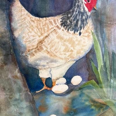 Sale Photo Thumbnail #416: Appears to be watercolor beautifully framed. A hen with several eggs, double matted. Frame measures 20” x 24”.