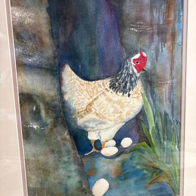 Sale Photo Thumbnail #417: Appears to be watercolor beautifully framed. A hen with several eggs, double matted. Frame measures 20” x 24”.