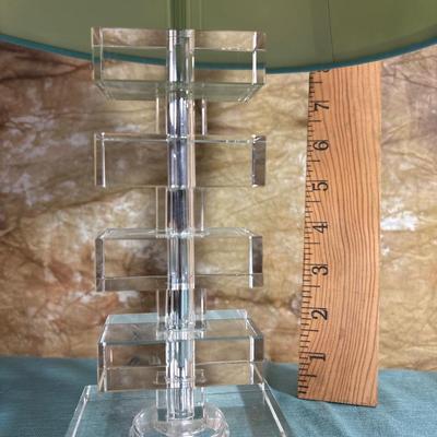 Sale Photo Thumbnail #423: Soothing canvas art, 19.5” x 15.75”. Great Lucite appearing table lamp 14” H.