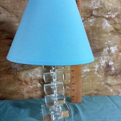 Sale Photo Thumbnail #422: Soothing canvas art, 19.5” x 15.75”. Great Lucite appearing table lamp 14” H.