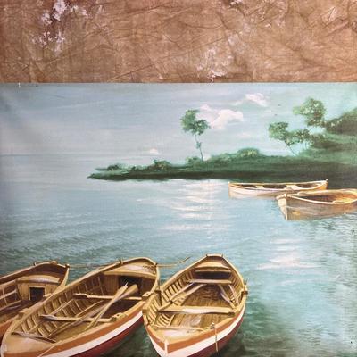 Sale Photo Thumbnail #420: Soothing canvas art, 19.5” x 15.75”. Great Lucite appearing table lamp 14” H.