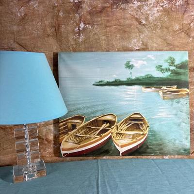 Sale Photo Thumbnail #419: Soothing canvas art, 19.5” x 15.75”. Great Lucite appearing table lamp 14” H.