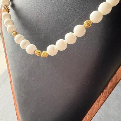Necklace White plastic beaded with gold tone vintage clasp
