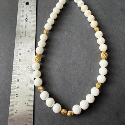 Necklace White plastic beaded with gold tone vintage clasp