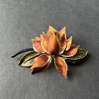 vintage 1950s-1960s brown enamel lotus flower brooch.