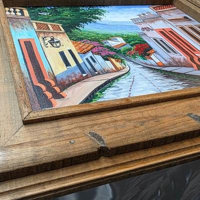 Vintage Signed Mexican Street Scene Oil Painting in Rustic Carved Wood Frame