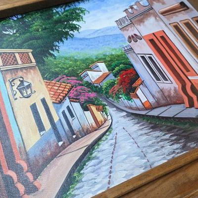 Vintage Signed Mexican Street Scene Oil Painting in Rustic Carved Wood Frame