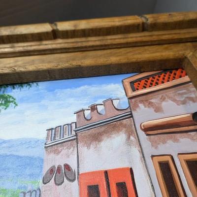 Vintage Signed Mexican Street Scene Oil Painting in Rustic Carved Wood Frame