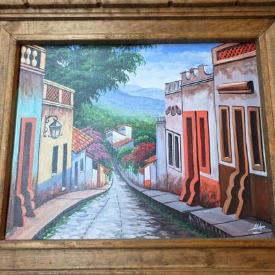 Vintage Signed Mexican Street Scene Oil Painting in Rustic Carved Wood Frame