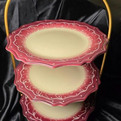 Gibson Everyday Gardino Rosso 3 Tier Serving Stand Red Hand Painted Dessert Tray