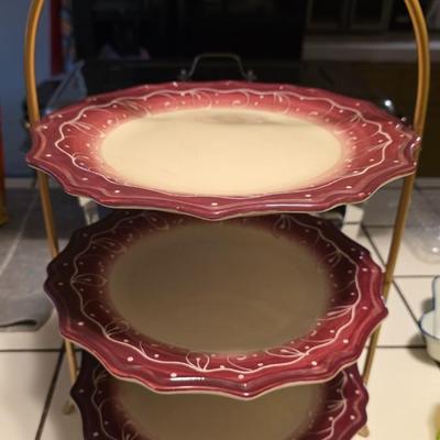 Gibson Everyday Gardino Rosso 3 Tier Serving Stand Red Hand Painted Dessert Tray