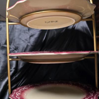 Gibson Everyday Gardino Rosso 3 Tier Serving Stand Red Hand Painted Dessert Tray