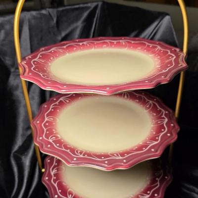 Gibson Everyday Gardino Rosso 3 Tier Serving Stand Red Hand Painted Dessert Tray