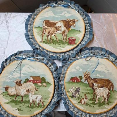 Vintage Cranston Farmlife Fabric Hoop Art Set Farm Animal Wall Decor Cottagecore