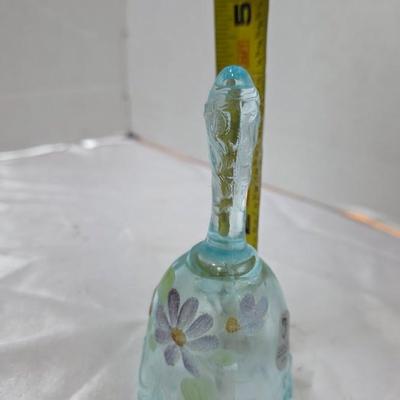 Vintage Fenton Hand-Painted Aqua Blue Opalescent Glass Bell with Floral Design – Made in USA