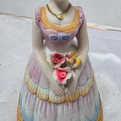 Vintage 1978 C.M.I. Boston Porcelain Lady Bell Figurine with Floral Bouquet
