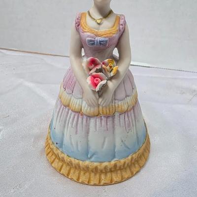 Vintage 1978 C.M.I. Boston Porcelain Lady Bell Figurine with Floral Bouquet