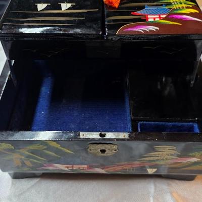 Vintage Japanese Lacquered Musical Jewelry Box with Hand-Painted Scenic Motifs