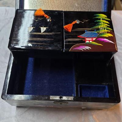 Vintage Japanese Lacquered Musical Jewelry Box with Hand-Painted Scenic Motifs