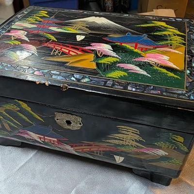 Vintage Japanese Lacquered Musical Jewelry Box with Hand-Painted Scenic Motifs