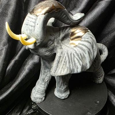 Vintage-Style Textured Gray Elephant Figurine with Raised Trunk & Gold Accents