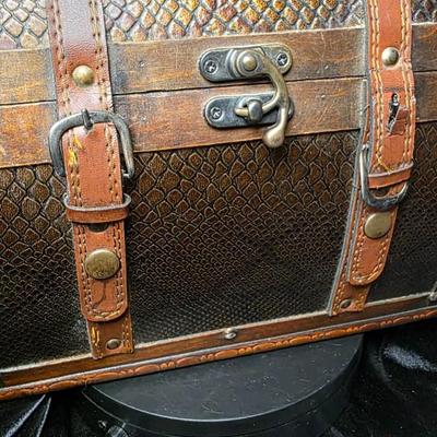 Vintage Dome-Top Wooden Treasure Chest with Faux Leather Panels & Brass-Tone Hardware