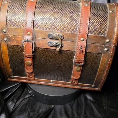 Vintage Dome-Top Wooden Treasure Chest with Faux Leather Panels & Brass-Tone Hardware