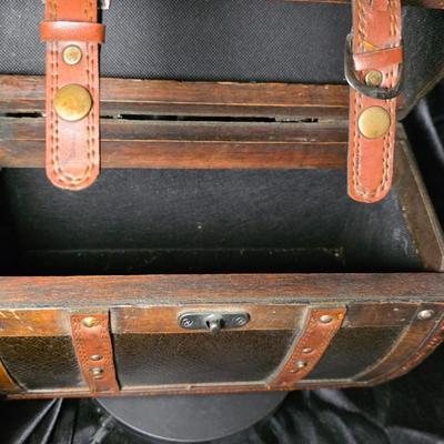 Vintage Dome-Top Wooden Treasure Chest with Faux Leather Panels & Brass-Tone Hardware