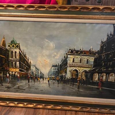 Large Original Paris Street Scene Oil Painting, Signed “Tritti” – Framed European Cityscape, 56” x 32”