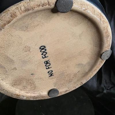 Vintage Hand-Painted Blue & Cream Art Pottery Planter with Floral Vine Motif