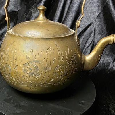 Vintage Solid Brass Floral Etched Teapot with Swing Handle